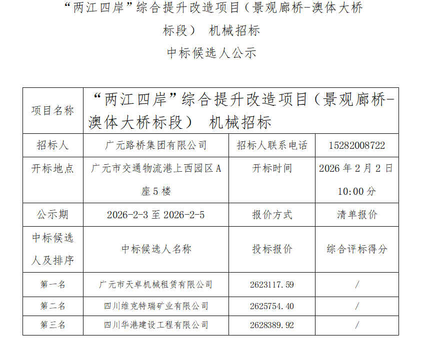 “两江四岸”综合提升刷新项目（景观廊桥-澳体大桥标段） 机械招标中标候选人公示